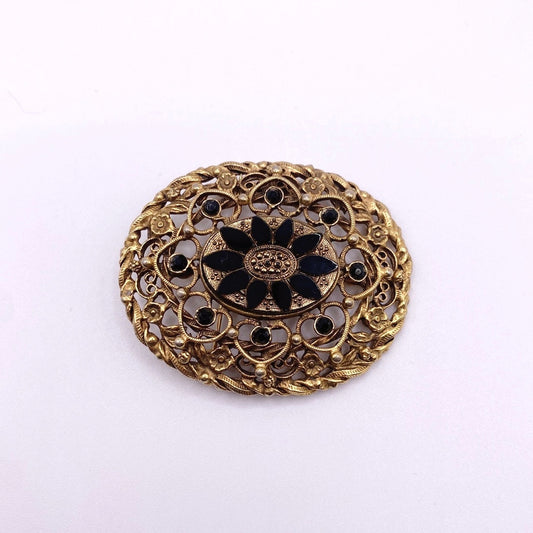 Vintage Large Brooch With Obsidian Stone  Floral  Design Gold Tone Filigree