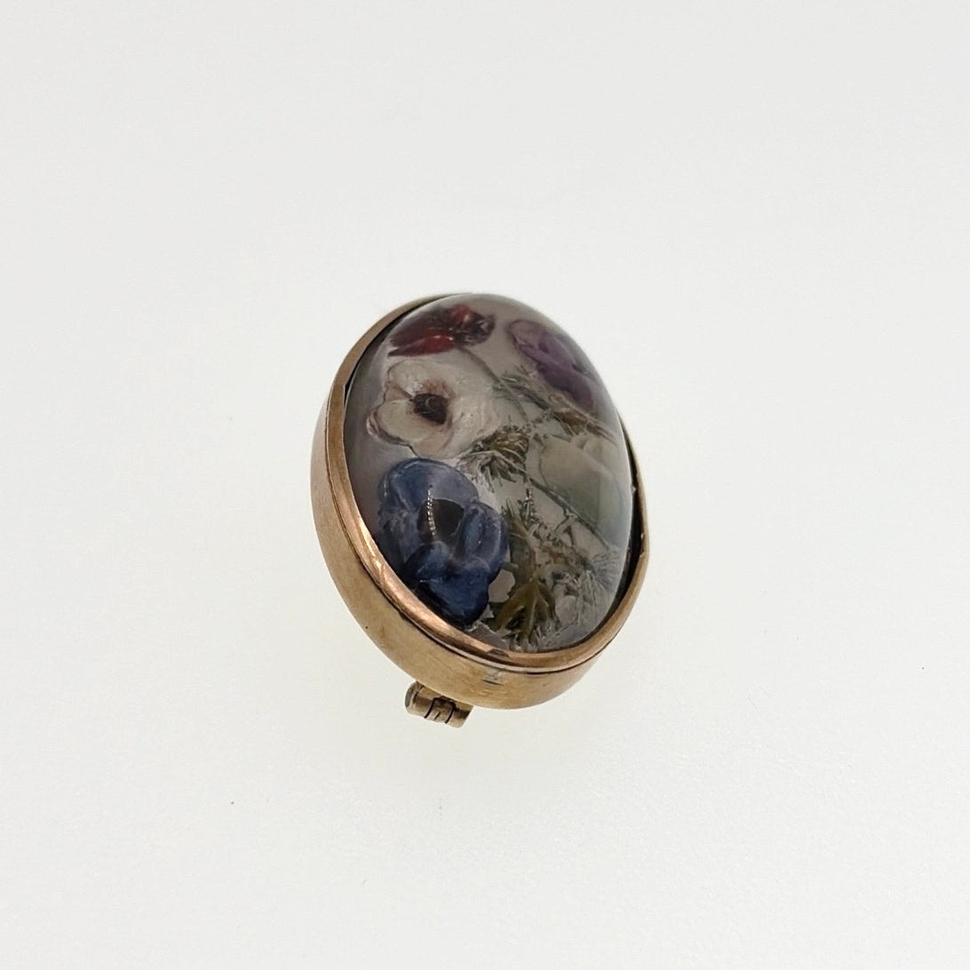Art Deco Vintage Gold Plated Silver Dried Flowers Encapsulated Box Brooch