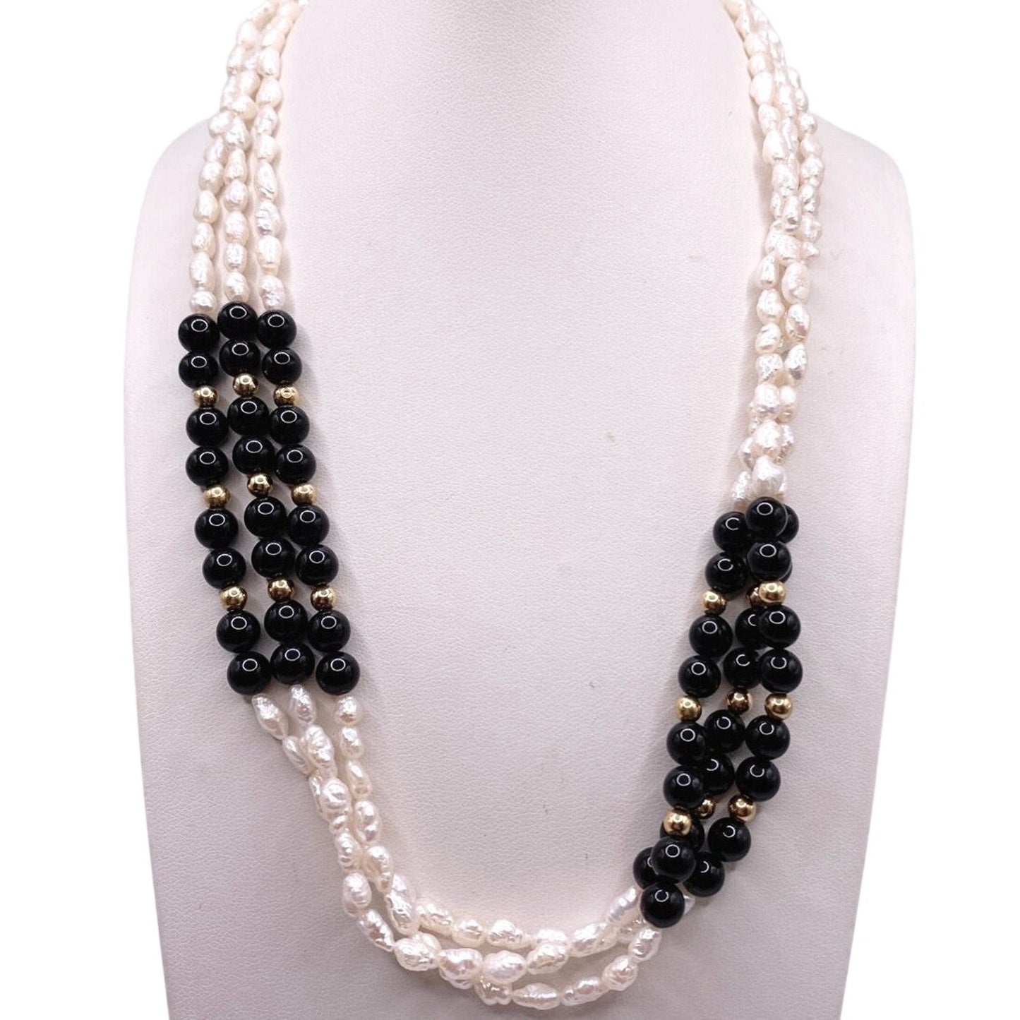 Three Strand 14k Gold Beads and Clasp Rice Mother of Pearl Onyx Necklace 16.5”