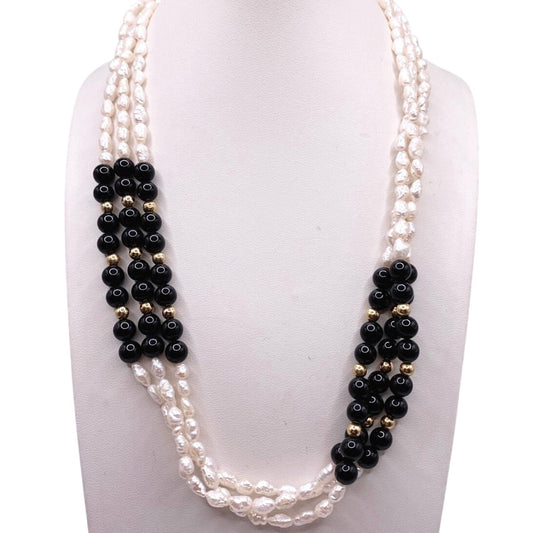 Three Strand 14k Gold Beads and Clasp Rice Mother of Pearl Onyx Necklace 16.5”
