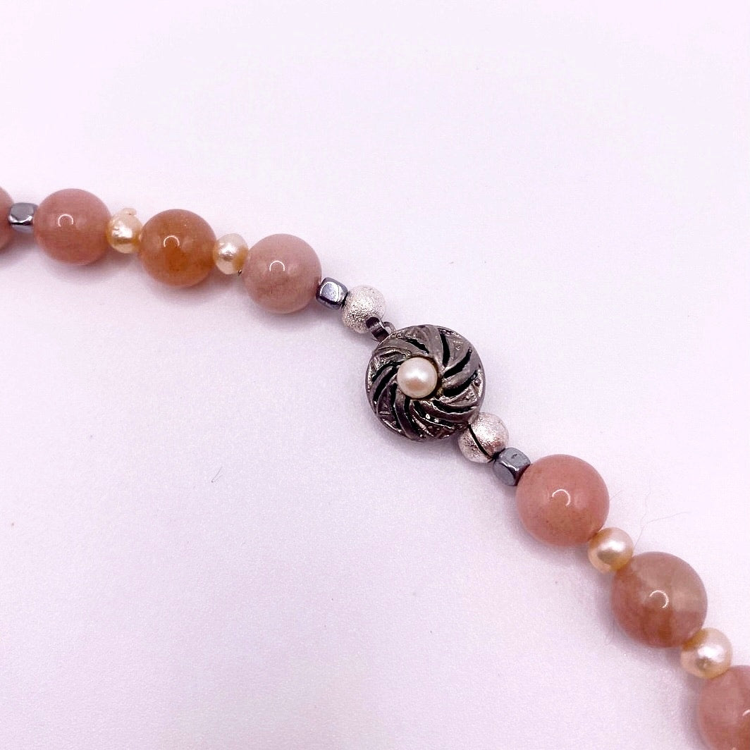 Rose Quartz Heart Sunstone and freshwater Pearls, Hematite Beads Necklace 16”