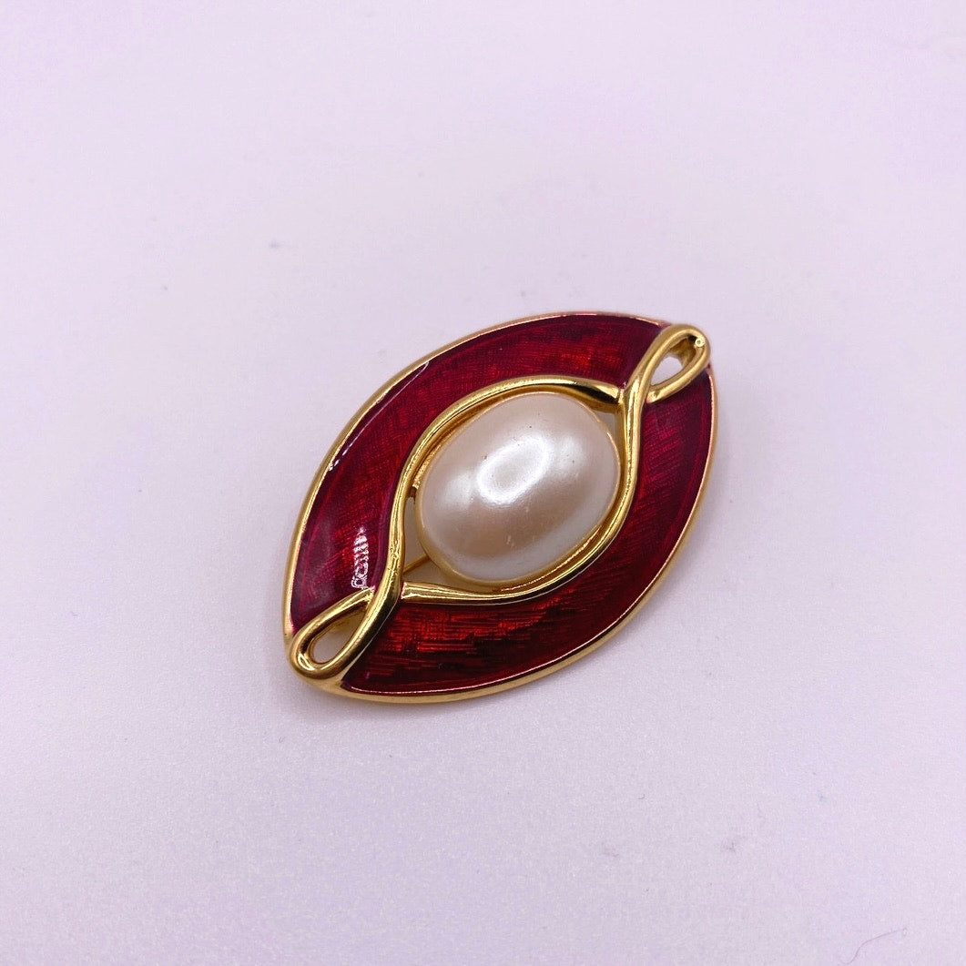 Monet Brooch Red Enamel with Faux Pearl