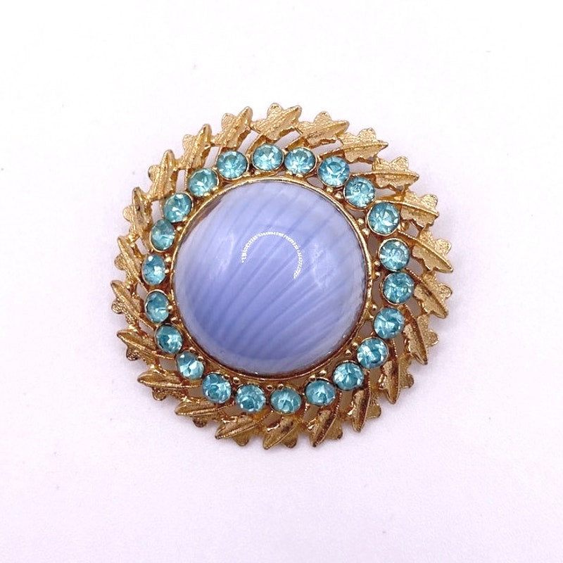 Vintage Vintage Blue Marbled Domed Art Glass & Blue Rhinestones Pin Brooch 2”
