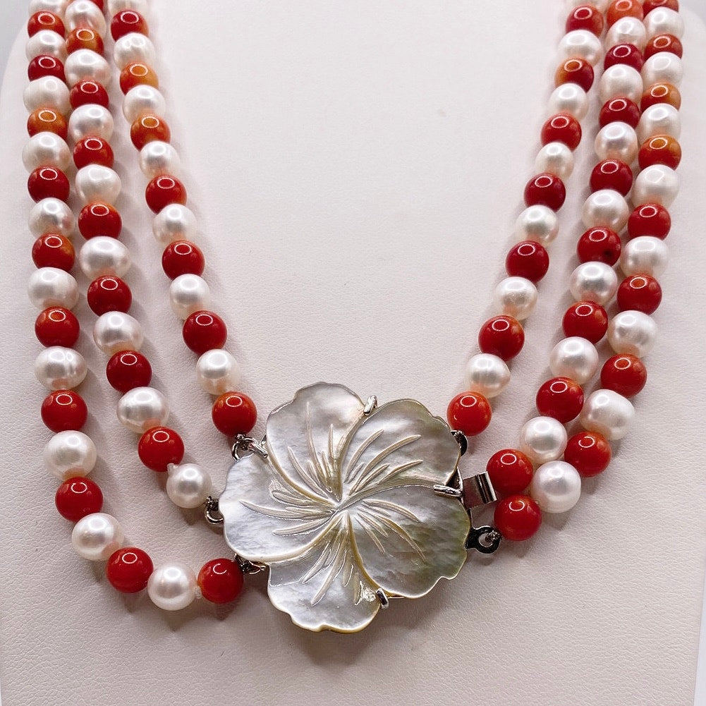 Three Strand Freshwater Pearl and Red Coral Necklace With Motherofpearl Clasp