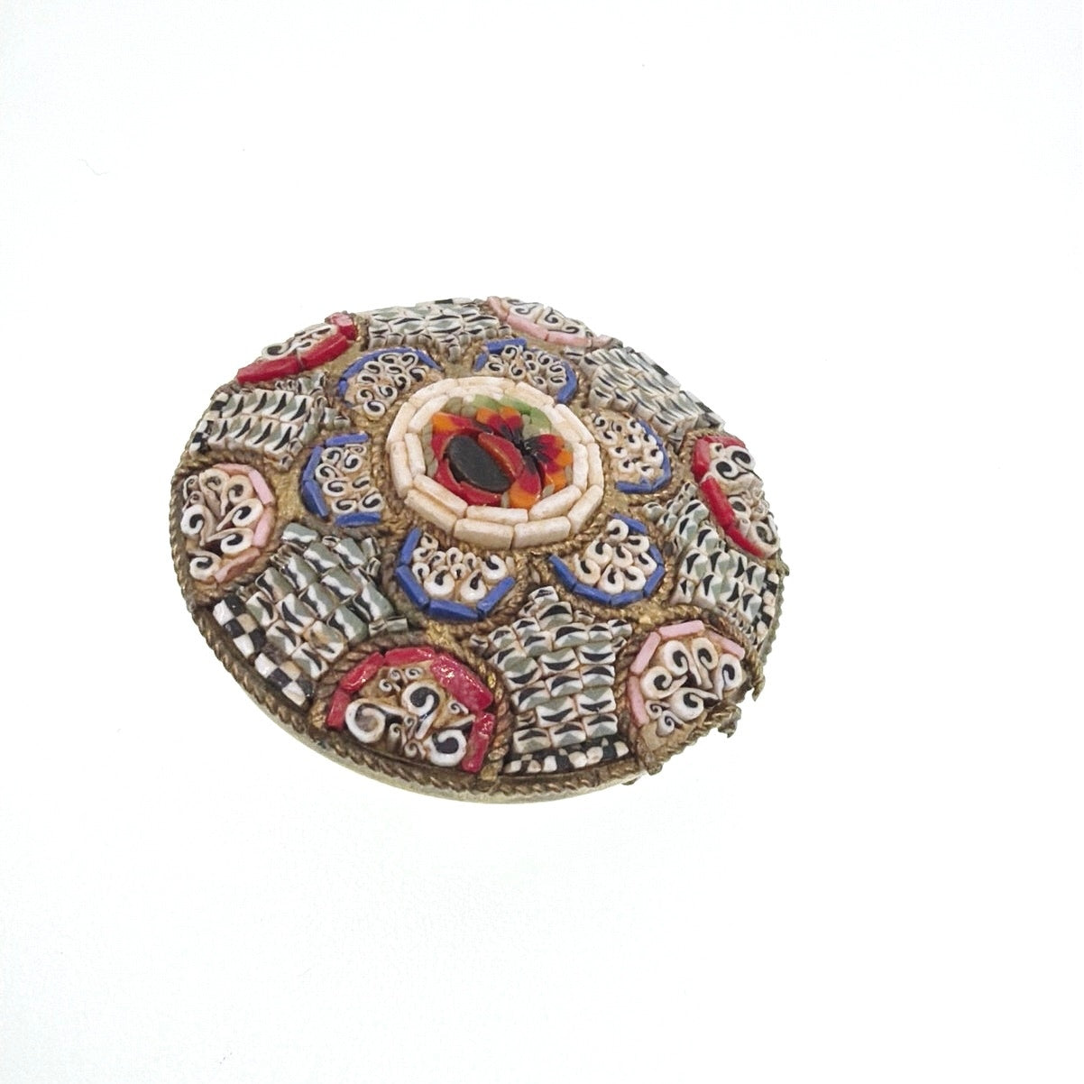Micro Mosaic Vintage Floral Italian Brooch 1.5” Signed on Brass