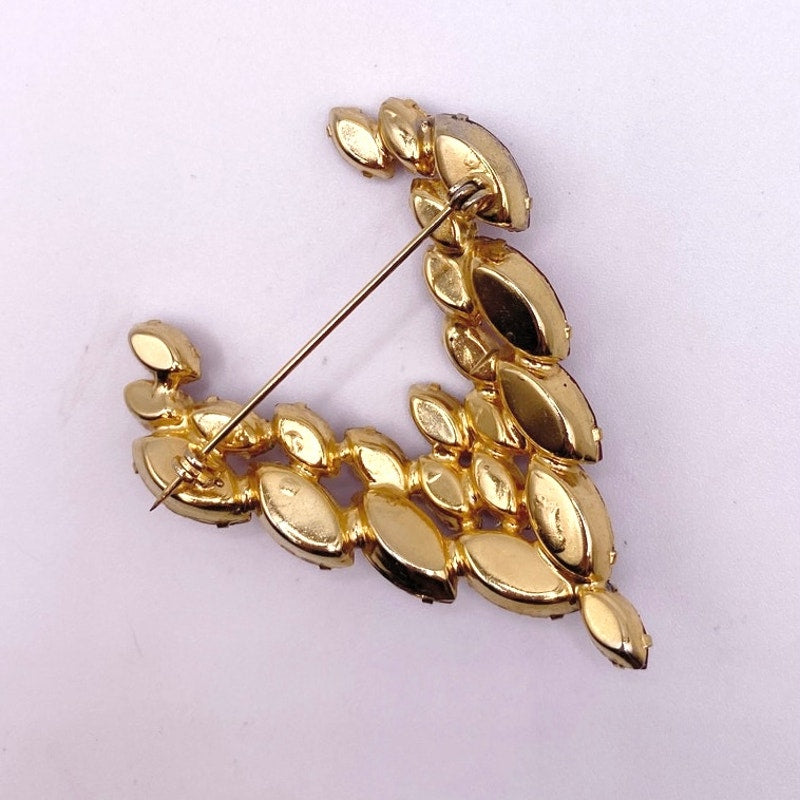 Red Rhinestones Vintage  Brooch V Shape 2.5”