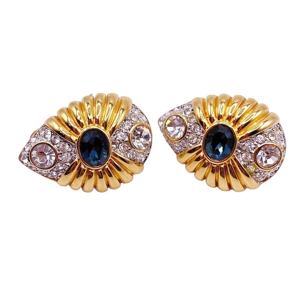 Nolan Miller Vintage Clip On Earrings Gold Tone and Rhinestones White and Blue