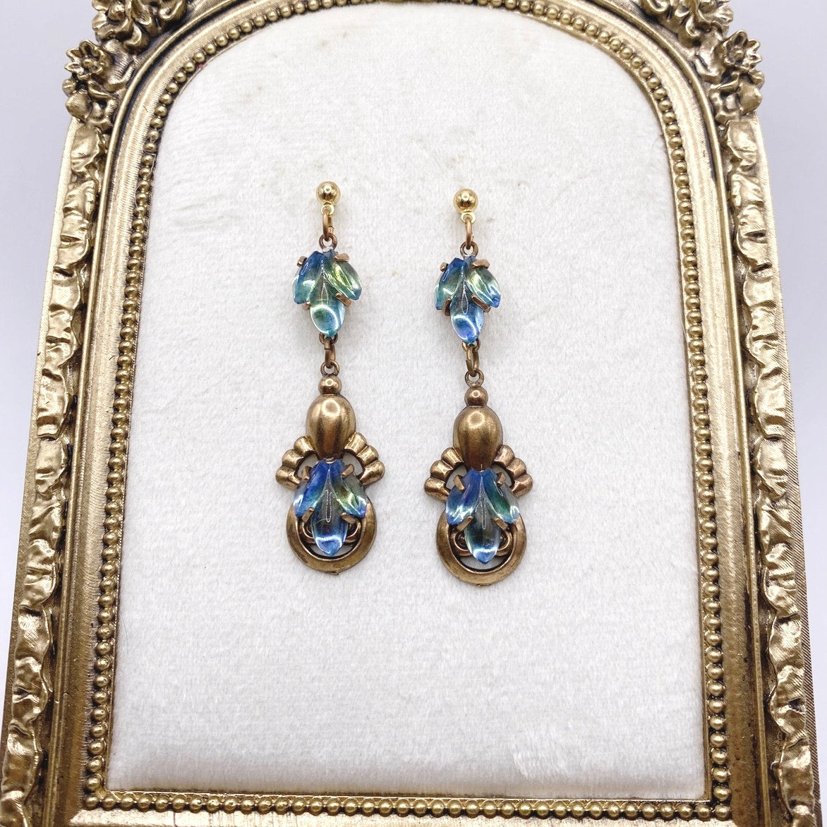 Vintage Dangling Brass Filigree Earrings Blue Green Mermaid Glass Stones