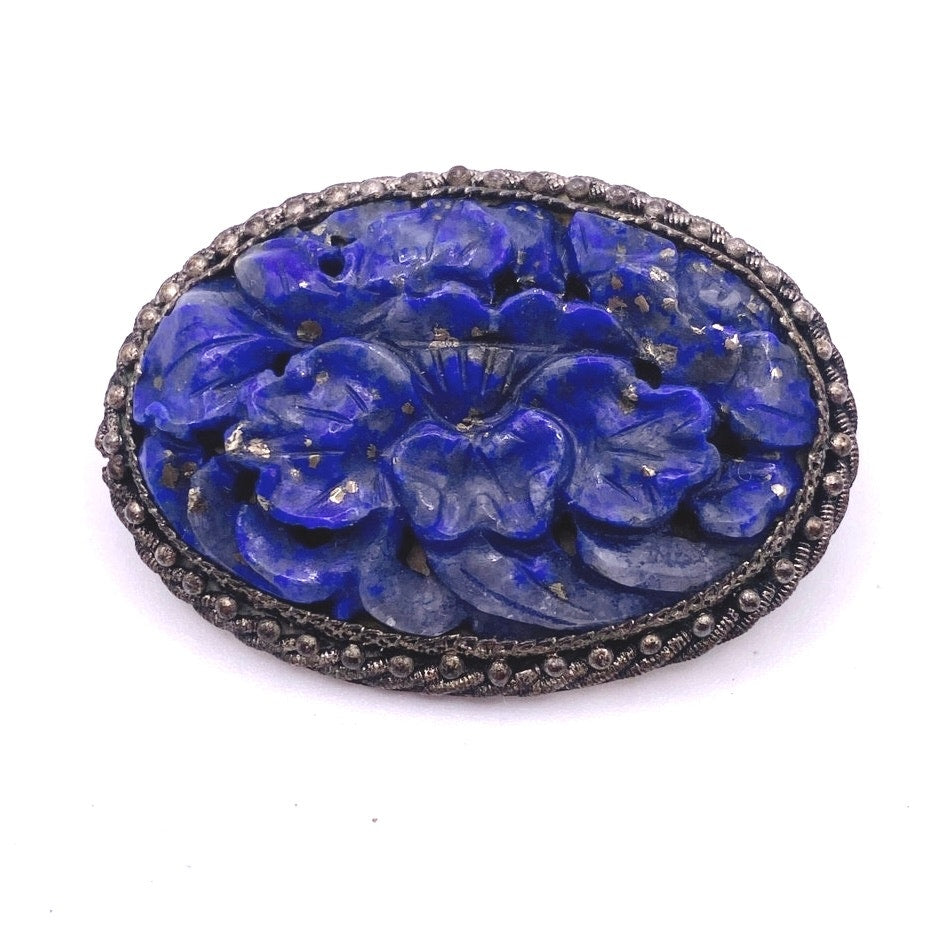 Antique Export China Lapis lazuli Carved Floral Brooch Brass