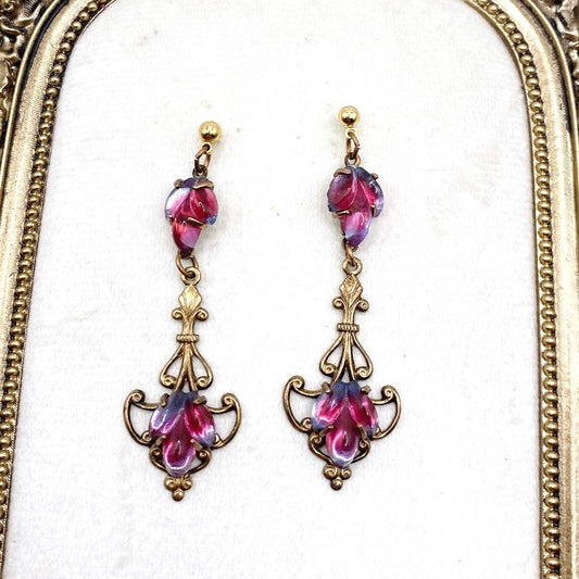 Vintage Filigree Brass Dangling Earrings Pink and Purple Glass Stones