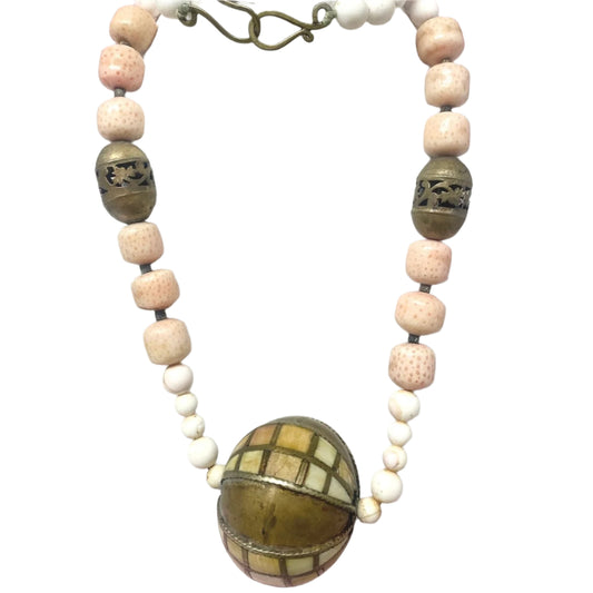 Antique Angel Skin Coral & Brass Necklace