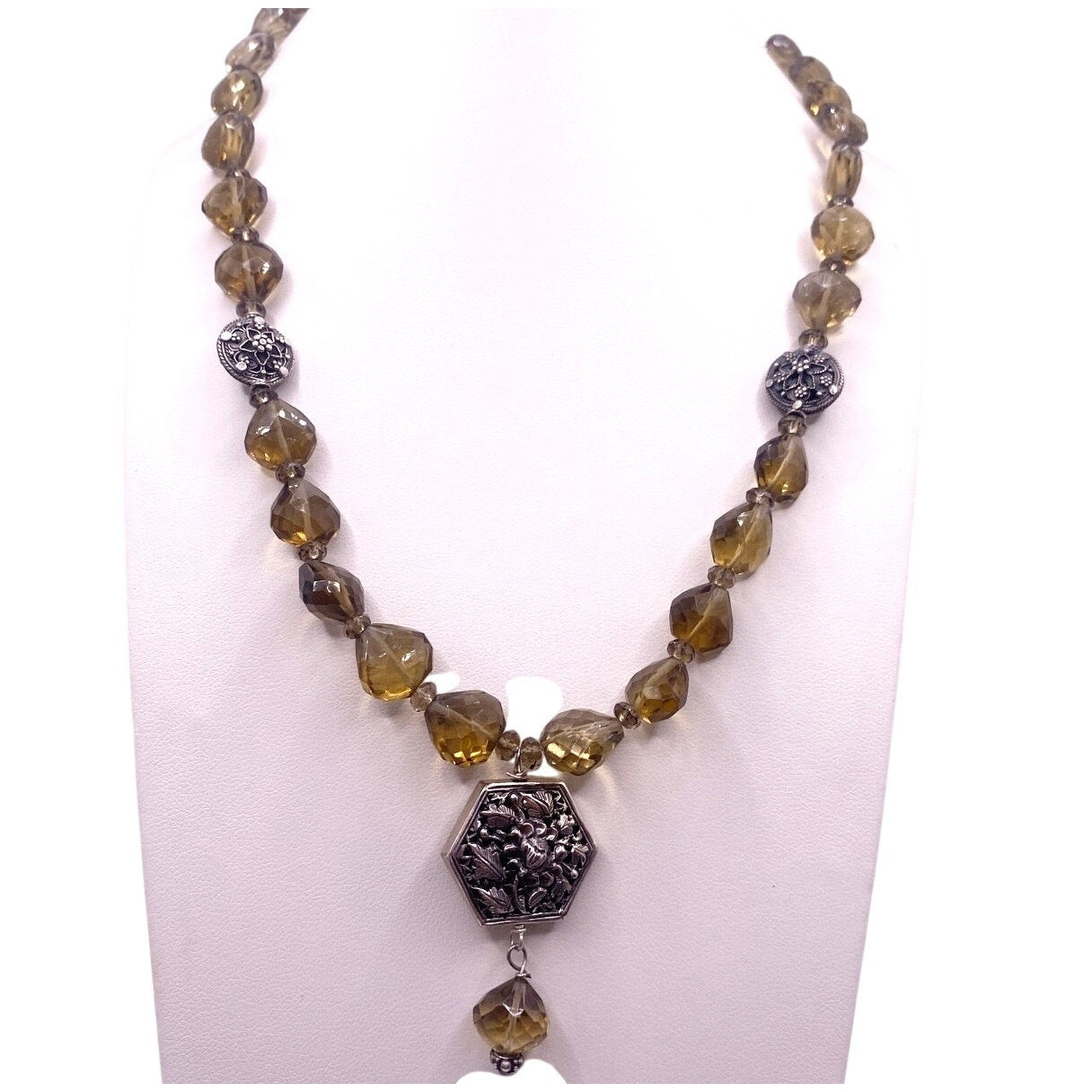 Smoky Quartz Gemstones Necklace with Art Nouveau Floral Beads 15”