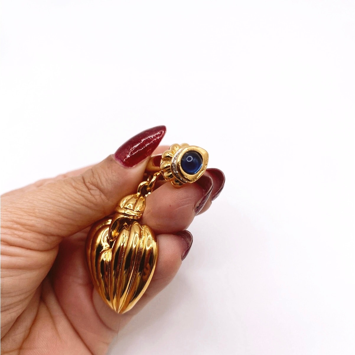 Vintage Heart Pendant Brooch Bar with Rhinestones and Blue Glass Cabochons