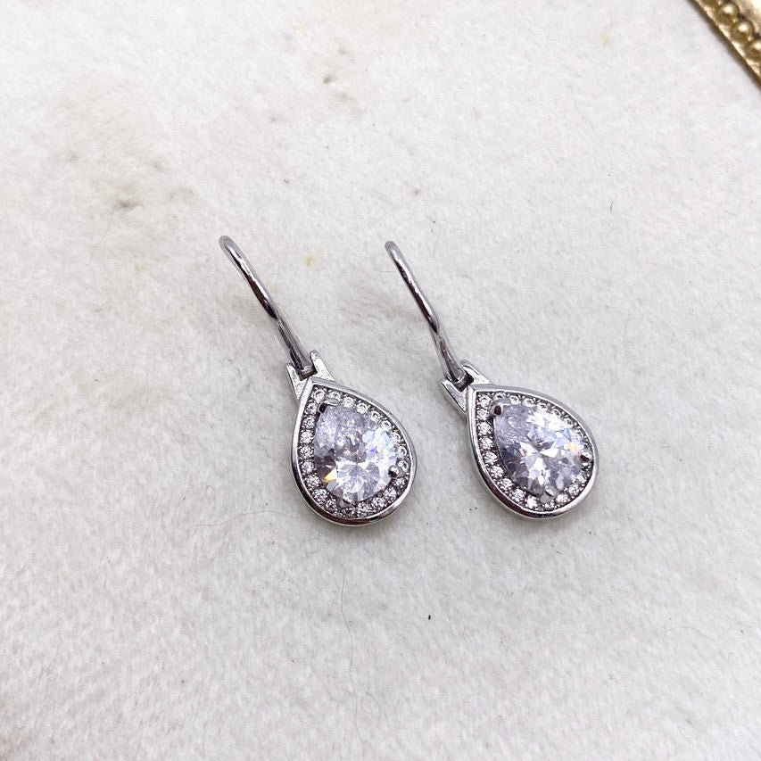 Sterling Silver Earrings with Dangling White Cubic Zirconia Tear Drop 1cm