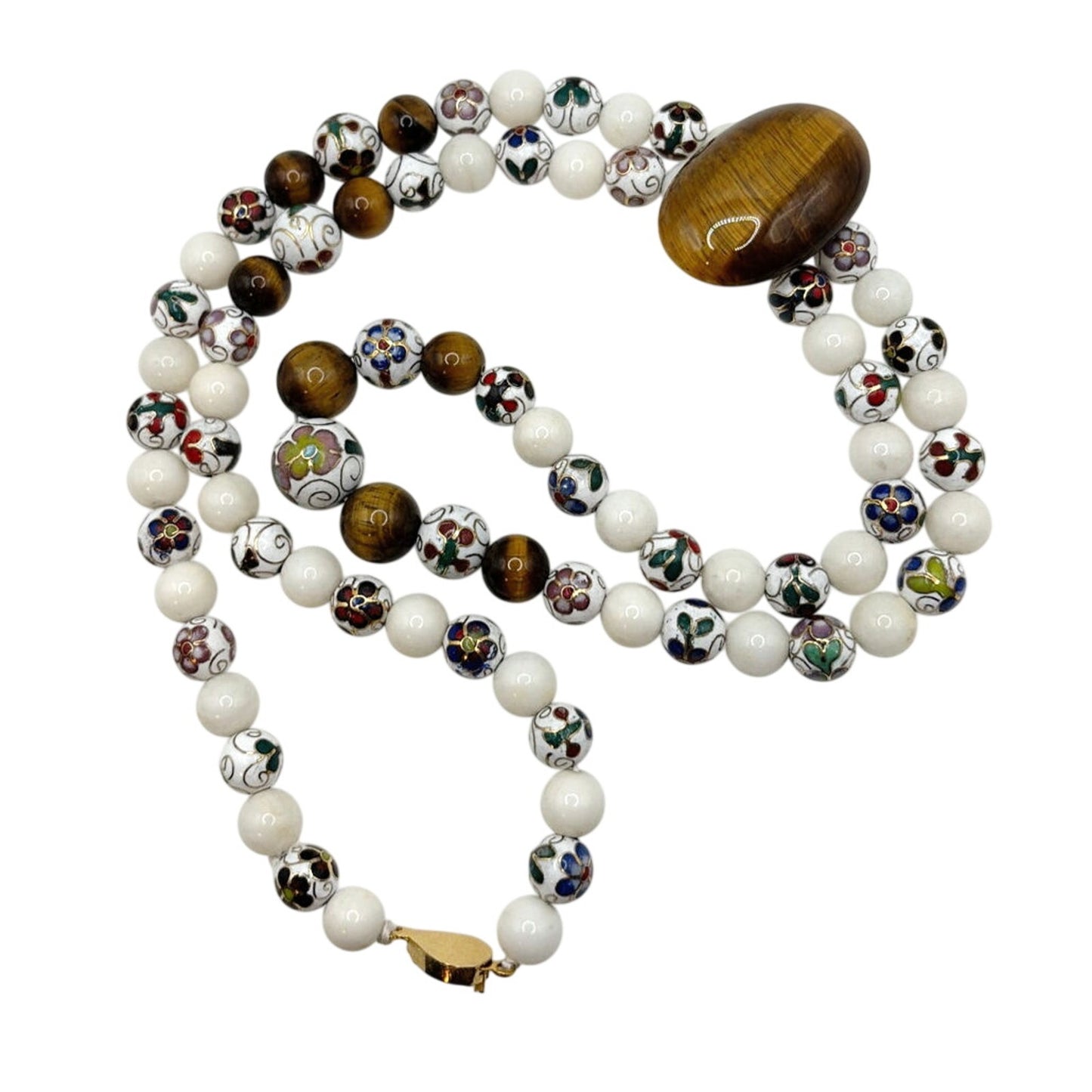 Jadeite Cloisonné and Tiger Eye Vintage Chinese Necklace 36”