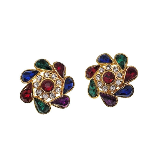 Vintage Colorful Rhinestones Studs Earrings Flower Shape