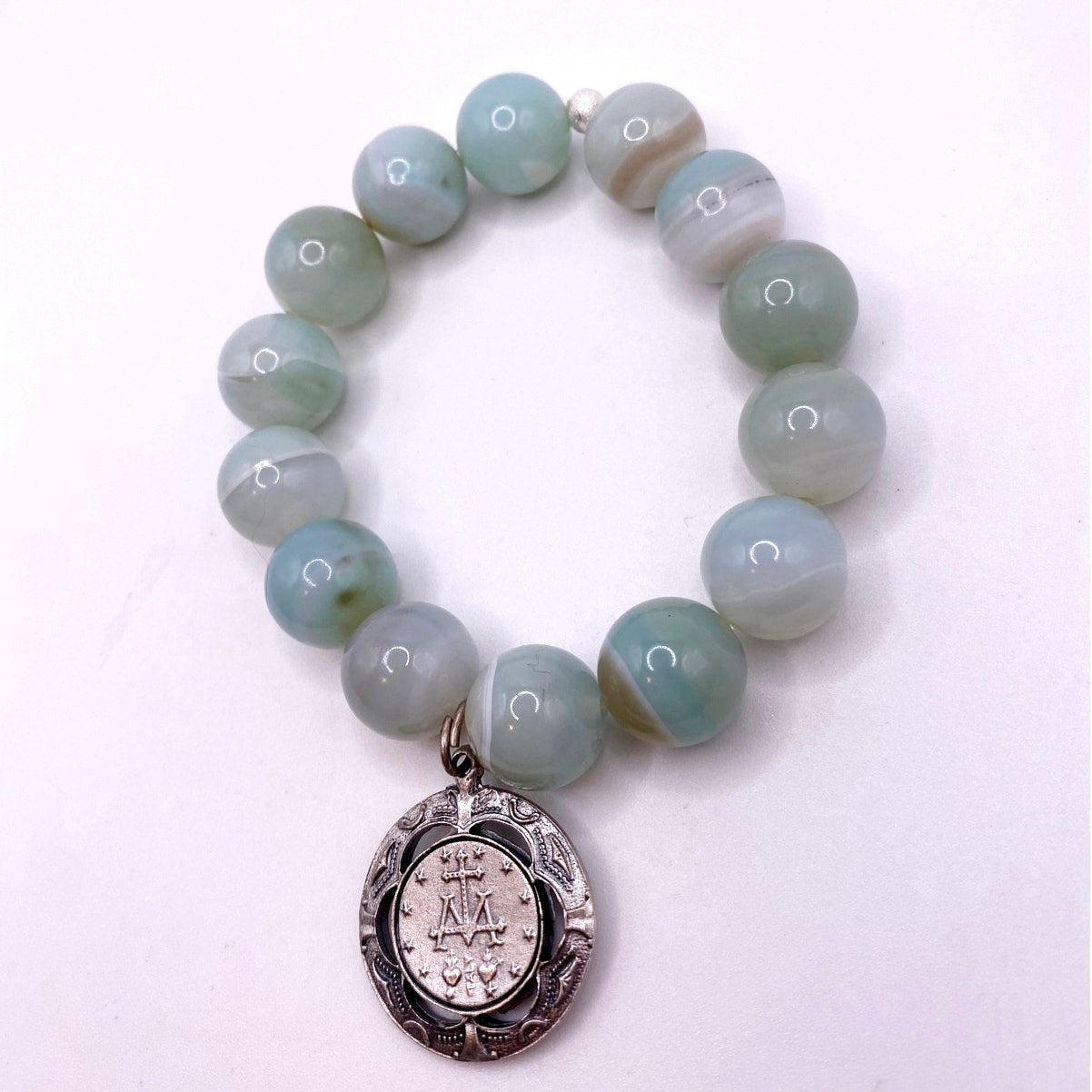 Miraculous Virgin Mary Medal and Caribbean Green Agate Stretchy Bracelet 7”