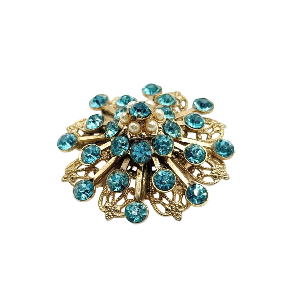 Vintage Filigree Blue Rhinestones Flower Brooch 1”
