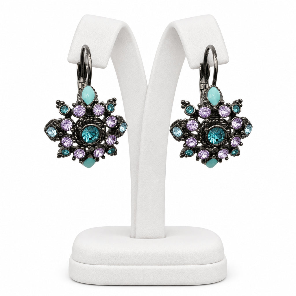 Joan Rivers Gun Metal and Rhinestones Flower Earrings Lever-back