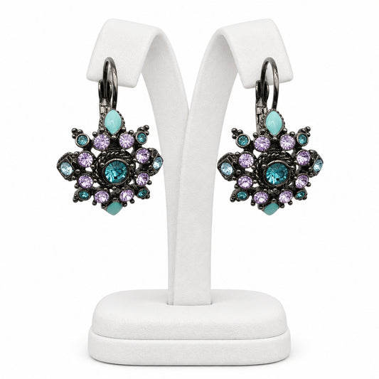 Joan Rivers Flower Earrings with Gun Metal Rhinestones, Lever Back Closure, Very Good Condition