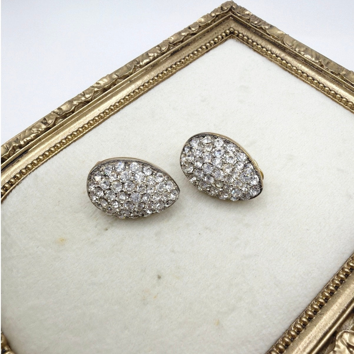 Vintage Clip On Full Rhinestones Earrings On Gold Tone