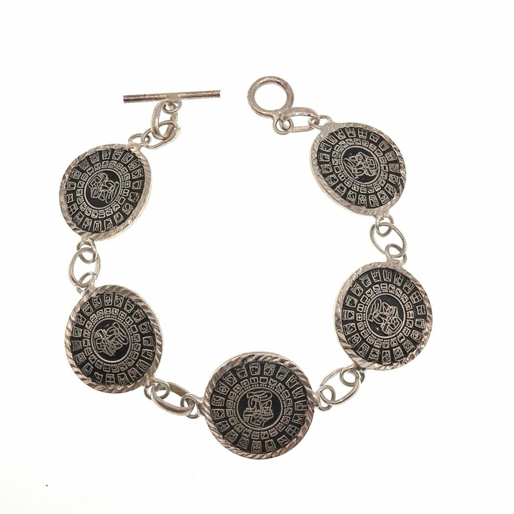 925 Sterling Silver Aztec Mayan Calendar Link Bracelet 7.5” Toggle Closure