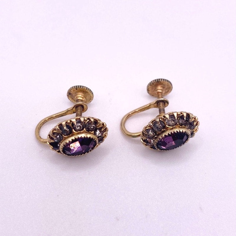 Vntg Gold Filled Screw Back Earrings Edwardian Revival With Purple Rhinestones