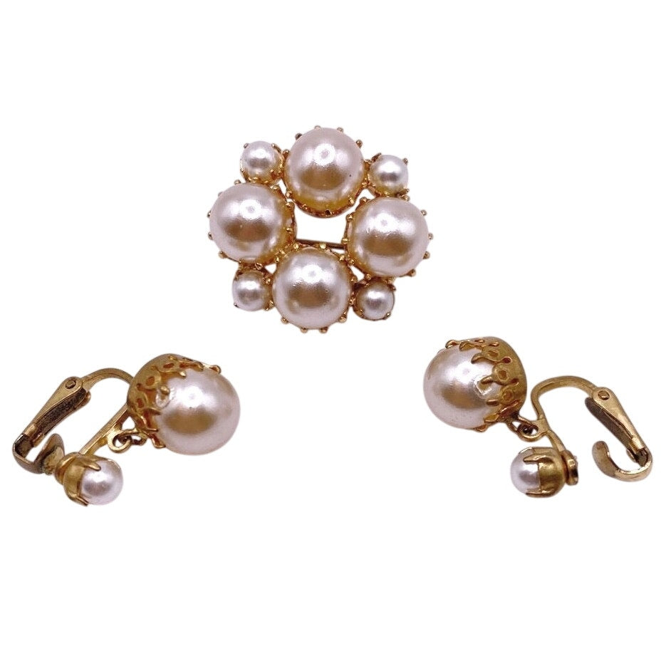 Vintage Clip On Earrings and Brooch Faux Pearls Austria Signed