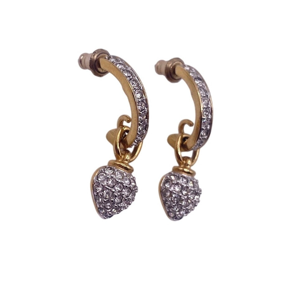 Gold Plated Two Tone Pave Rhinestones Heart Drop Half Hoop Studs