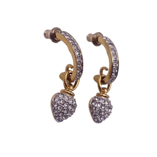 Gold Plated Two Tone Pave Rhinestones Heart Drop Half Hoop Studs