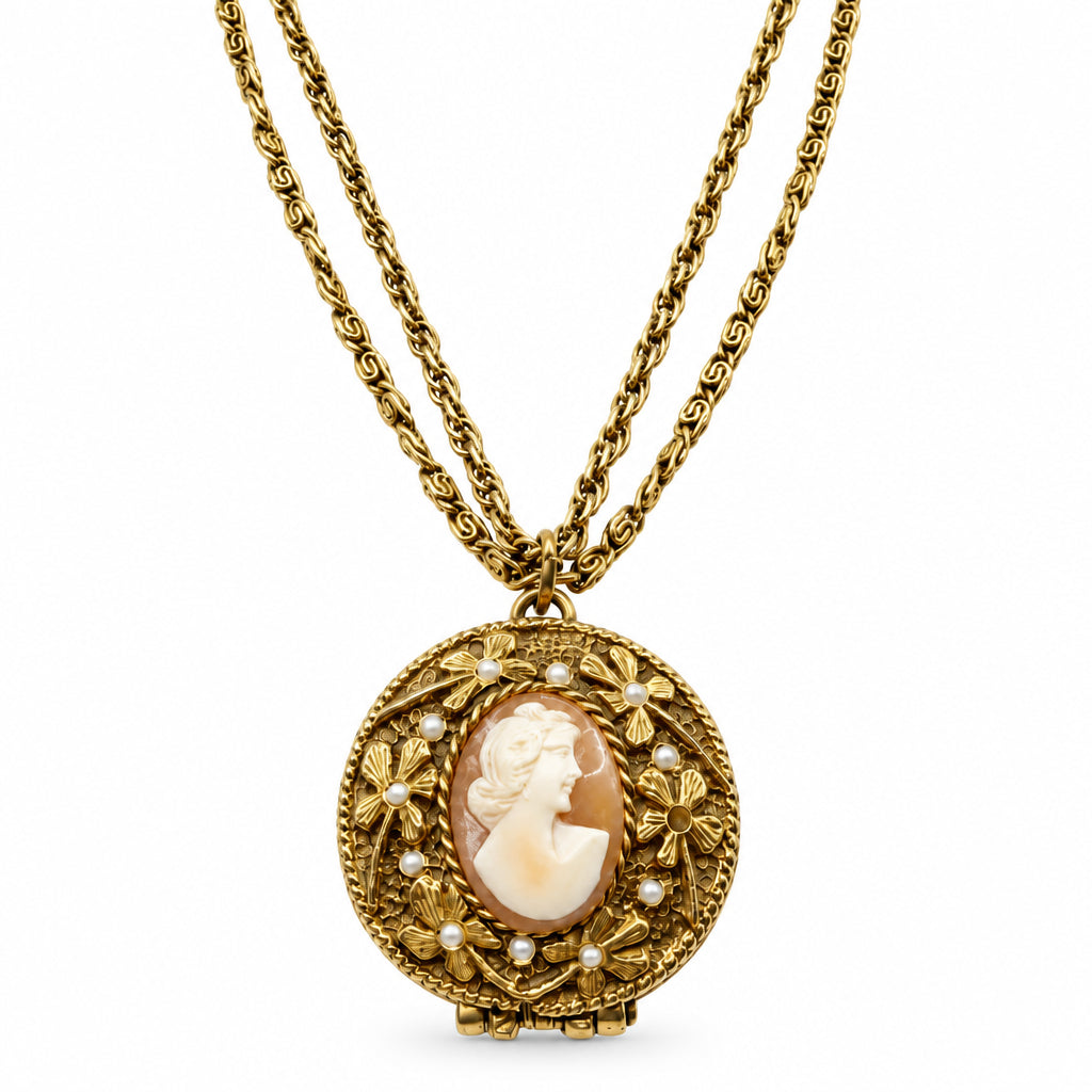 Goldette Signed Vintage Long Necklace And Shell Locket Cameo Pendant 28”