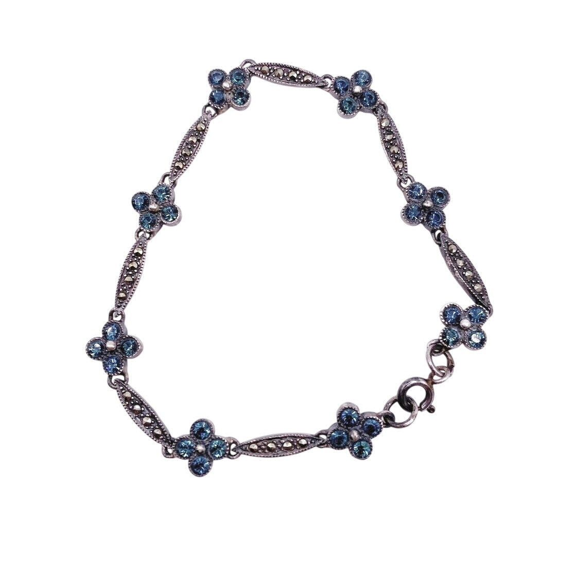 Vntg Sterling Silver With Blue Crystal and Marcasite Flowers Bracelet 7"