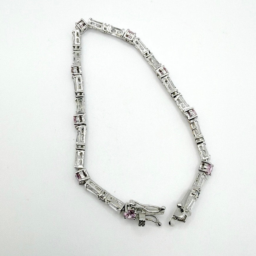 Vintage Tennis Bracelet Silver Plate Signed JDI Pink and White CZ Crystals 7"