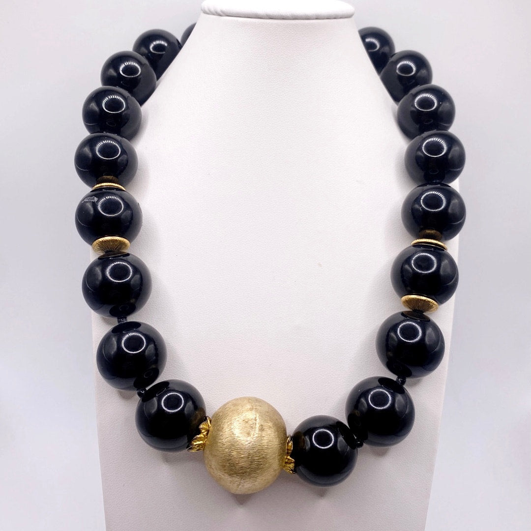 Vintage Black Onyx And Venetian Metal Golden  Spheres Chunky Necklace 14”