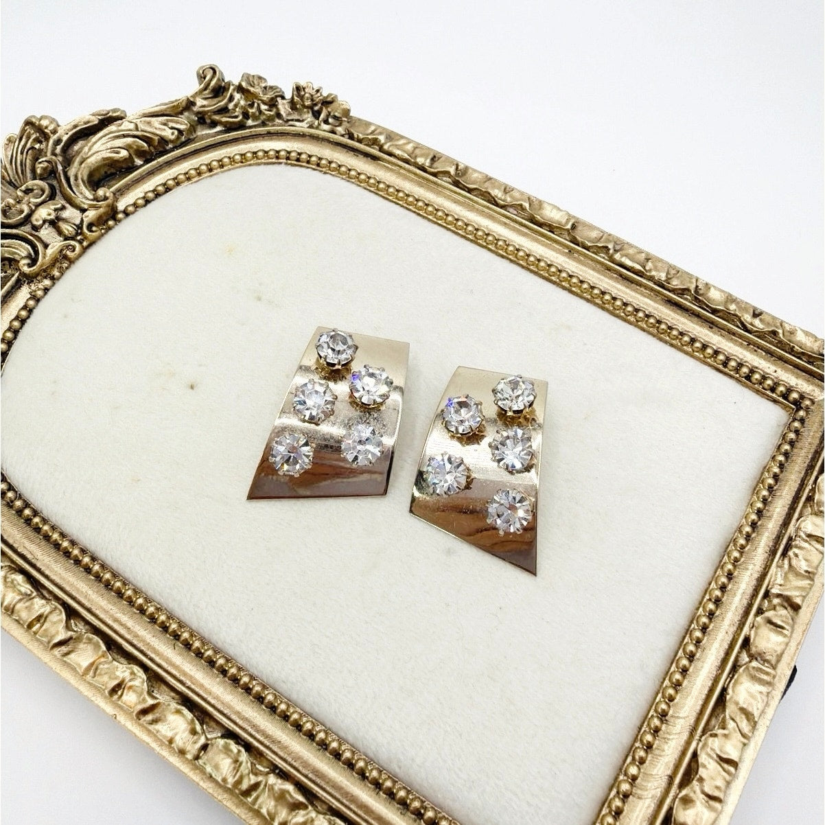 Gold Tone Geometric Vintage Clip On Earrings With Rhinestones 1.3”