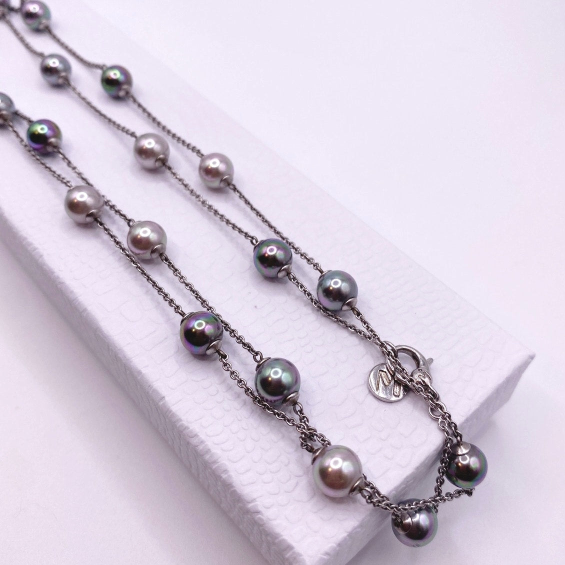 Majorica Necklace Sterling Silver-Colorful High Quality Faux Glass Pearls 34”