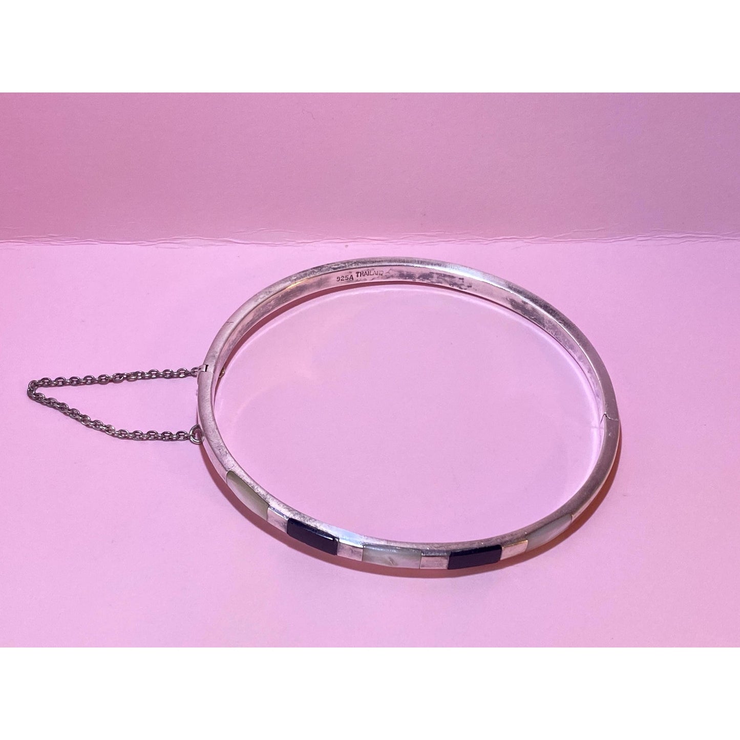 Sterling Silver Bangle Bracelet Mother Of Pearl and Onyx