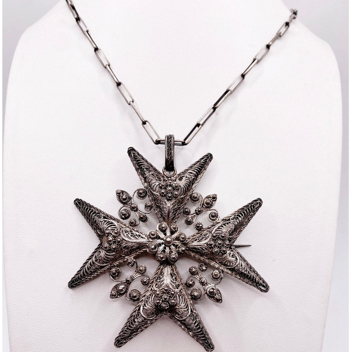 Vintage Metal Artwork Maltese Cross Silver Tone on Paper Clip Necklace 16”