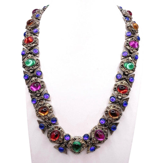 Vintage Etruscan Revival Necklace Multicolor Molded Glass Cabochon Ornate Links