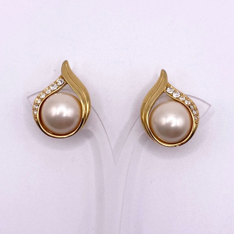Trifari Clip On Earrings Faux Pearl Gold Tone