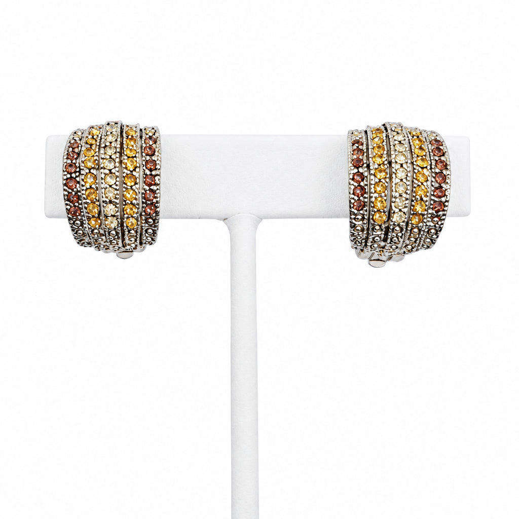 3cm Long Retro Clip On Earrings Yellow and Orange Rhinestones