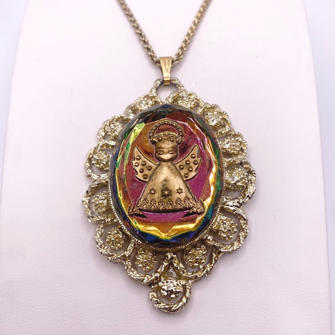 Vintage Glass Angel Intaglio Cameo Chrome Pendant 2" and Necklace 22” long