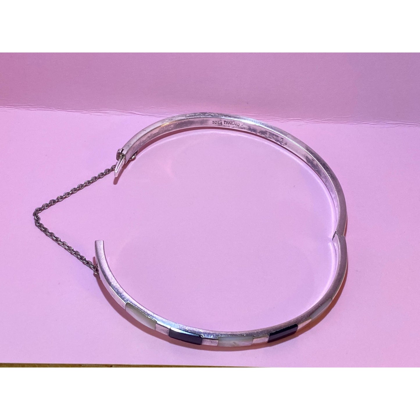 Sterling Silver Bangle Bracelet Mother Of Pearl and Onyx