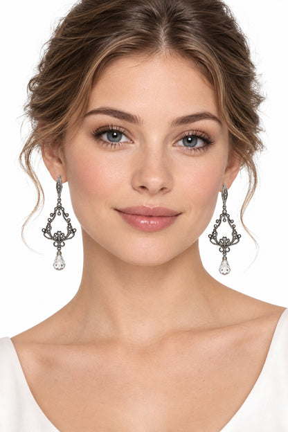 Vintage Drop Silver Tone and Crystals Earrings
