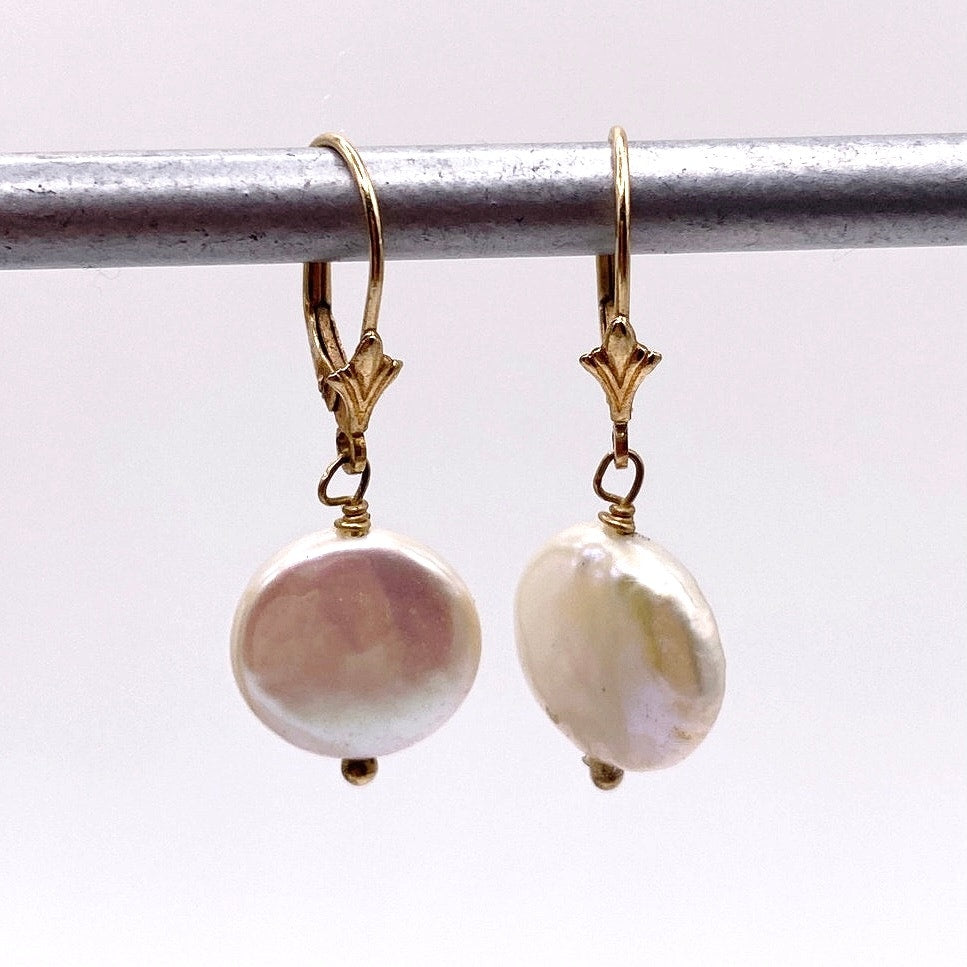 14k Gold and Pearl Leverback Earrings