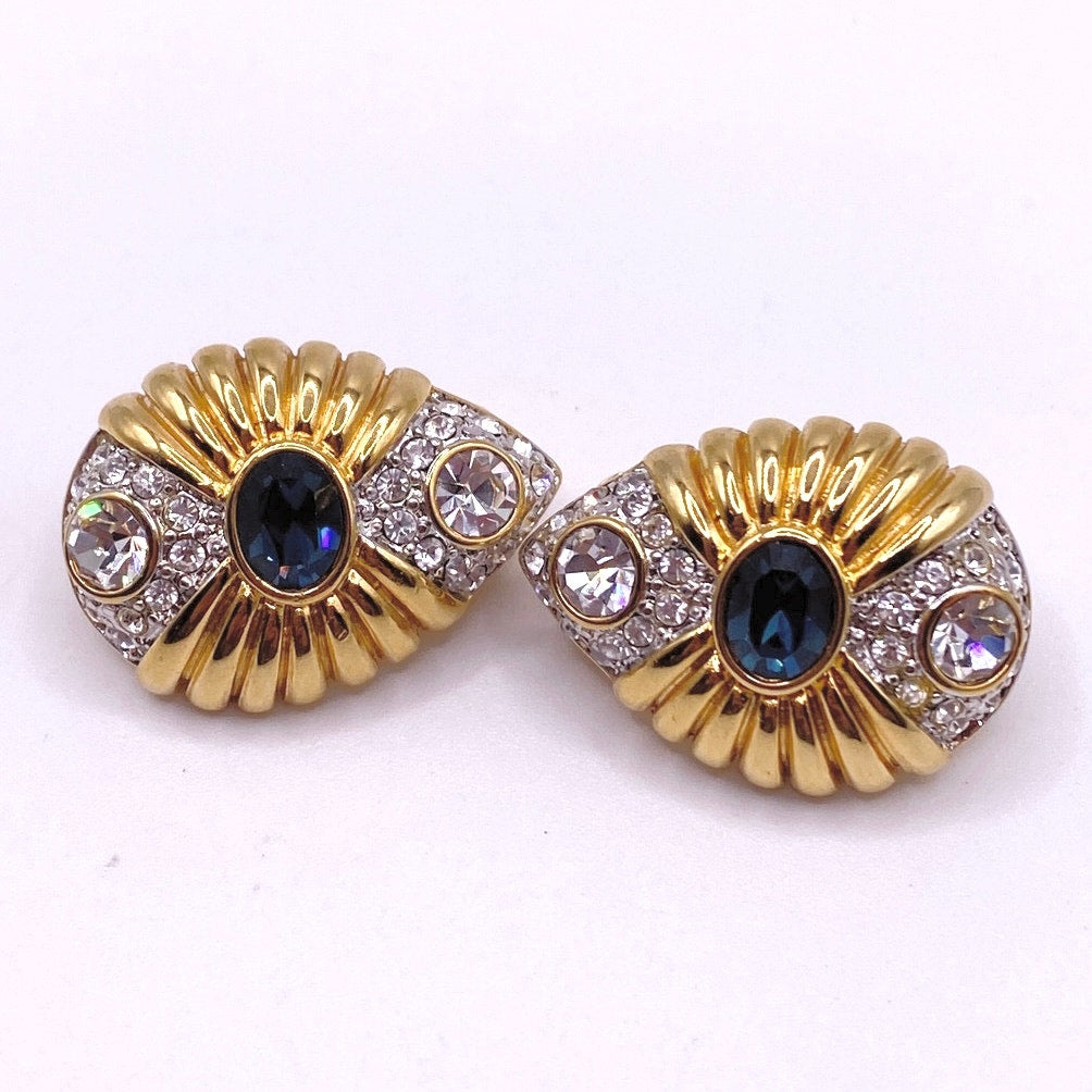 Nolan Miller Vintage Clip On Earrings Gold Tone and Rhinestones White and Blue