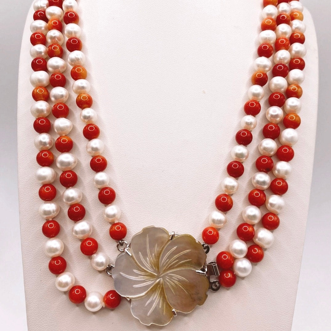 Three Strand Freshwater Pearl and Red Coral Necklace With Motherofpearl Clasp