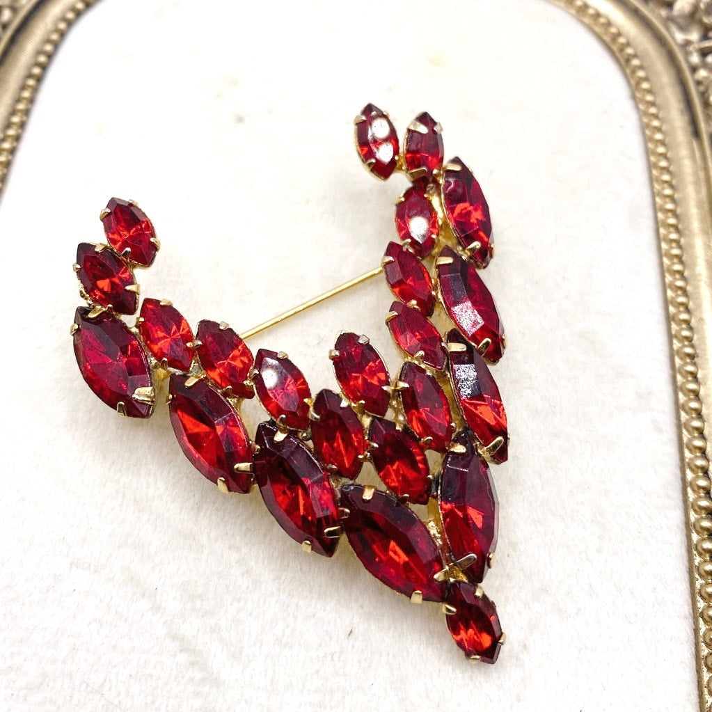 Red Rhinestones Vintage  Brooch V Shape 2.5”