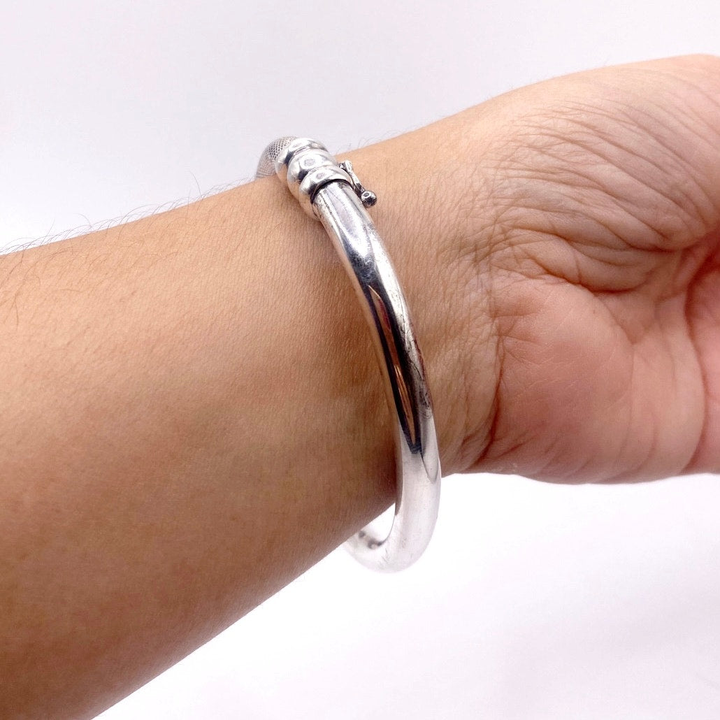 Vintage Sterling Silver Bangle Half Hollow and Half Mesh 8”