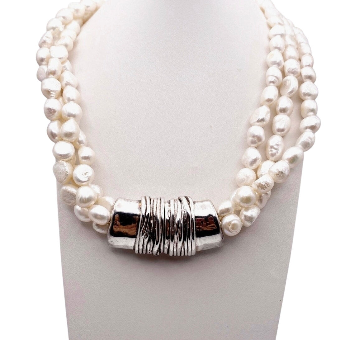 Sterling Silver and Three Strands Fresh Water Pearls Necklace 16” Made In Israel